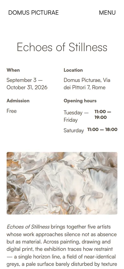 Exhibition page of the Domus Picturae demo on a phone
